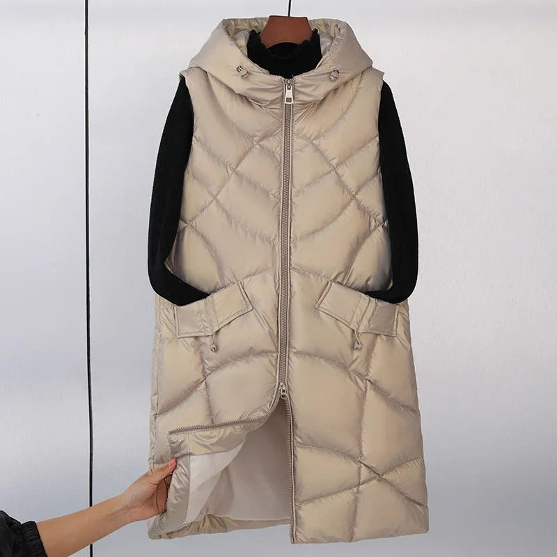 Zimná dlhá vesta pre ženy s kapucňou, bavlnená prešívaná bunda, dámska zimná bunda bez rukávov, zips, ležérna dámska vesta, vrchné oblečenie