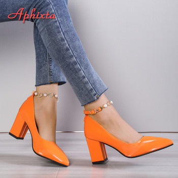 Aphixta 2023 Нова луксозна перлена верижка със страз, 7 см помпи с масивни токчета Дамски обувки, дамски обувки с нишки и мъниста, остри пръсти, блестящи кристали