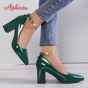 Aphixta 2023 Нова луксозна перлена верижка със страз, 7 см помпи с масивни токчета Дамски обувки, дамски обувки с нишки и мъниста, остри пръсти, блестящи кристали