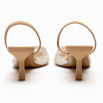 TRAF ZAZA Дамски сандали с висок ток със заострена глава Лято 2023 Секси дамски обувки Модни дамски помпи с перлена декорация