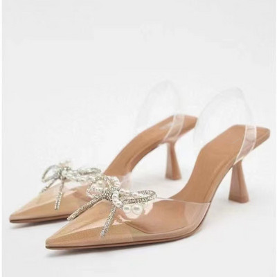 TRAF ZAZA Γυναικεία μυτερή κεφαλή ψηλοτάκουνα πέδιλα Καλοκαίρι 2023 Σέξι γυναικεία παπούτσια Μόδα μαργαριτάρι Διακόσμηση Slingback Woman Pumps