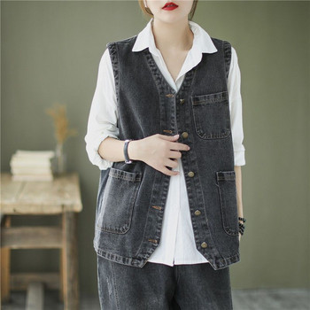 Τζιν Γιλέκα Γυναικεία Κορεάτικα ρετρό μονόχρωμα Harajuku Casual Fashion All-match Απλές τσέπες για streetwear Νέο σχέδιο Άνετο γιλέκο Femme