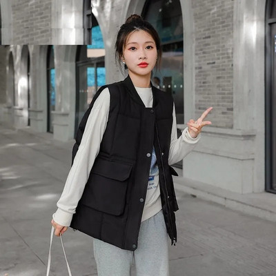 Jesen Zima 2023. Ženski pamučni prsluci sa jaknom i jaknom s ovratnikom bez rukava. Korejski svestrani debeli ženski prsluk sa parkama