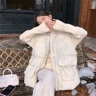 Jesen Zima 2023. Ženski pamučni prsluci sa jaknom i jaknom s ovratnikom bez rukava. Korejski svestrani debeli ženski prsluk sa parkama