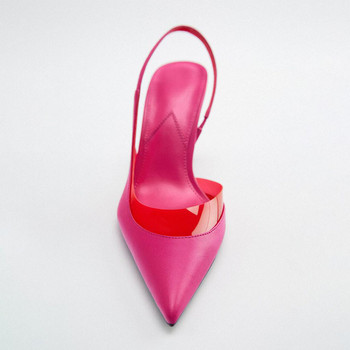 Дамски обувки на висок ток Летни нови 2023 г. WSL TRAF Шик, розово червено, модни сандали с прозрачен декор, остри обувки на шпилки