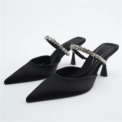 Sandale cu toc înalt pentru femei Mules 2023 WSL TRAF Lanț metalic Decorat pantofi de modă stiletto negru Vară Sandale cu slingback pentru femei