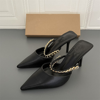 Ženske sandale na visoku petu Mule 2023 WSL TRAF metalni lanac s ukrasom crne stiletto modne cipele Ljetne ženske sandale s naramenicama