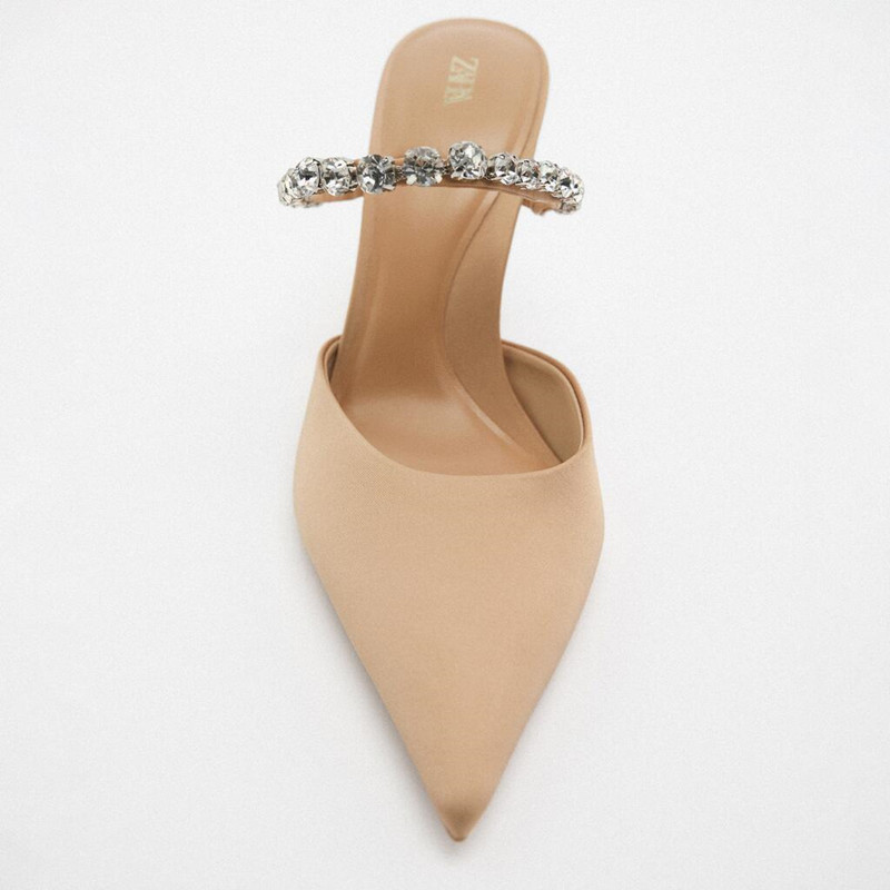 Ženske sandale na visoku petu Mule 2023 WSL TRAF metalni lanac s ukrasom crne stiletto modne cipele Ljetne ženske sandale s naramenicama