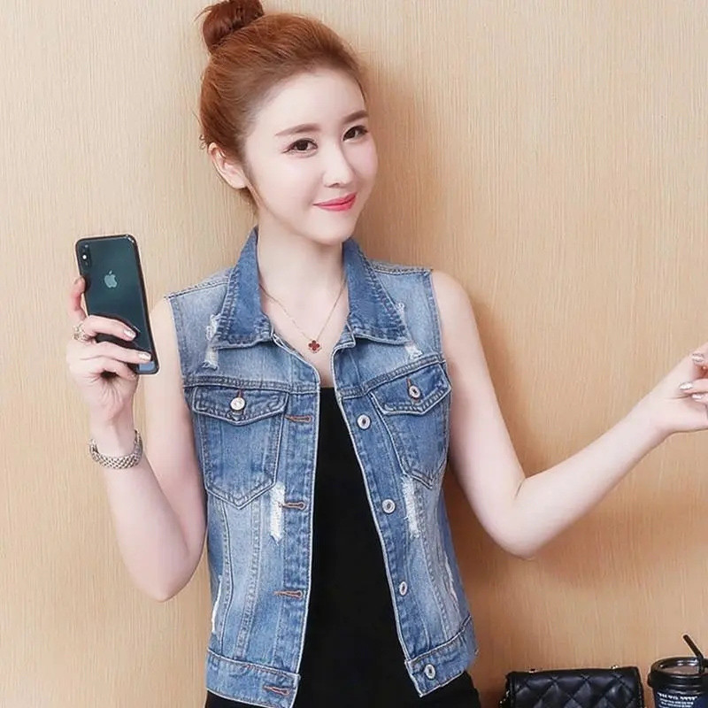 6XL Ανοιξιάτικο και Καλοκαίρι σκισμένο τζιν γιλέκο Γυναικείο μικρό παλτό αμάνικο γυναικείο γιλέκο