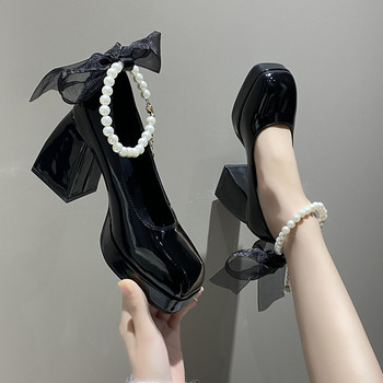 Дамски обувки с висок ток, елегантна панделка, квадратни пръсти, черни модни дамски помпи с дебел ток Сватбено парти Сватбени обувки с перлена дантела за жени