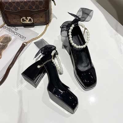 Tocuri înalte de damă, cu fundă elegantă, cu vârful pătrat, pantofi de mireasă, negru, cu toc gros, pentru petrecere de nuntă, din dantelă de perle