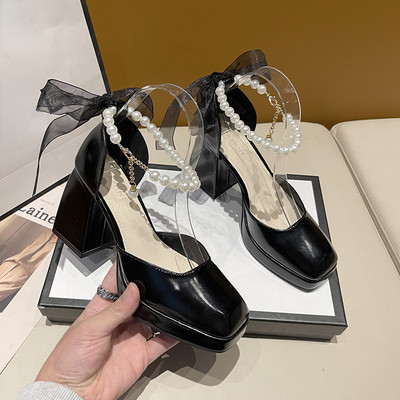 Tocuri înalte de damă, cu fundă elegantă, cu vârful pătrat, pantofi de mireasă, negru, cu toc gros, pentru petrecere de nuntă, din dantelă de perle