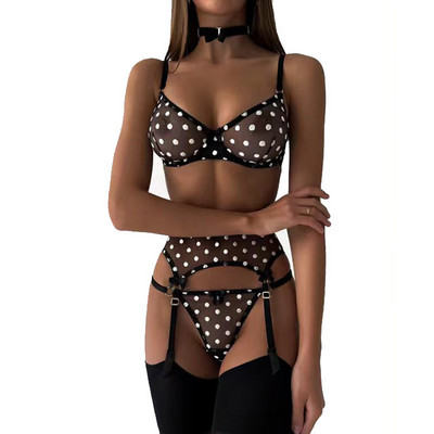 MeiKeDai Polk Dot Lenjerie Lenjerie sexy pentru femeie Set de 4 piese intime fancy Set sutien și chiloți erotic de lux Fetish Portjartieră