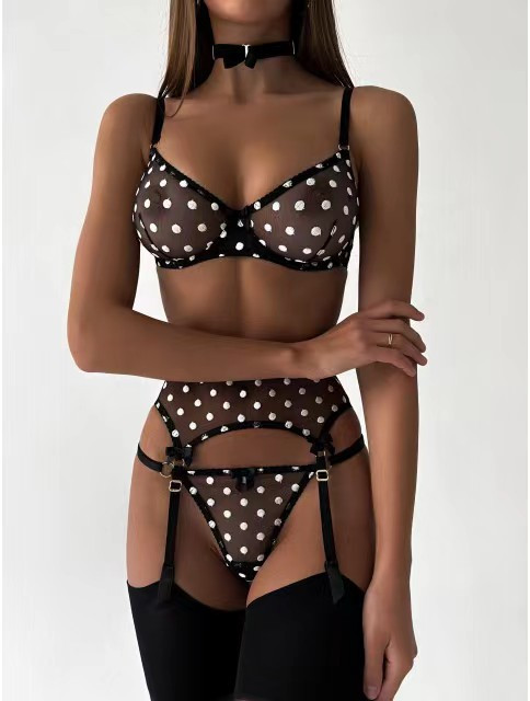 MeiKeDai Polk Dot Lenjerie Lenjerie sexy pentru femeie Set de 4 piese intime fancy Set sutien și chiloți erotic de lux Fetish Portjartieră