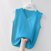 Suvine naiste vest 2023, uus Korea nööbiga pits V-kaelusega jääkootud allääred Naiste varrukateta vest, naiste trikotaažvest valge