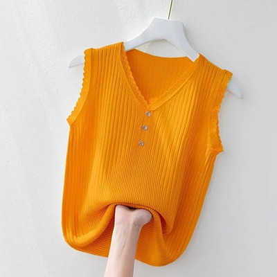 Suvine naiste vest 2023, uus Korea nööbiga pits V-kaelusega jääkootud allääred Naiste varrukateta vest, naiste trikotaažvest valge