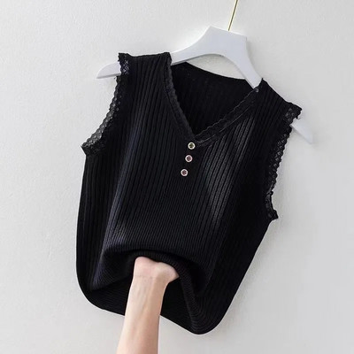 Suvine naiste vest 2023, uus Korea nööbiga pits V-kaelusega jääkootud allääred Naiste varrukateta vest, naiste trikotaažvest valge