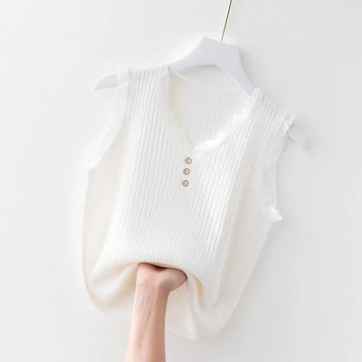 Suvine naiste vest 2023, uus Korea nööbiga pits V-kaelusega jääkootud allääred Naiste varrukateta vest, naiste trikotaažvest valge