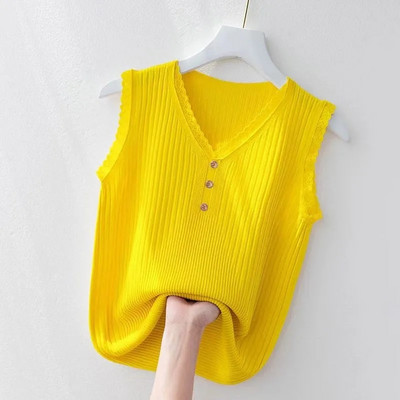 Suvine naiste vest 2023, uus Korea nööbiga pits V-kaelusega jääkootud allääred Naiste varrukateta vest, naiste trikotaažvest valge