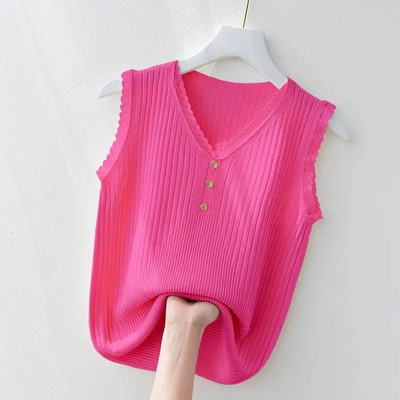 Suvine naiste vest 2023, uus Korea nööbiga pits V-kaelusega jääkootud allääred Naiste varrukateta vest, naiste trikotaažvest valge