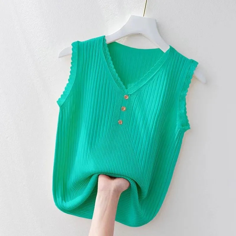 Suvine naiste vest 2023, uus Korea nööbiga pits V-kaelusega jääkootud allääred Naiste varrukateta vest, naiste trikotaažvest valge