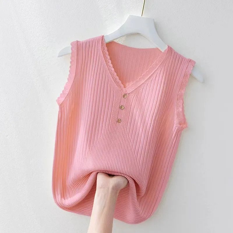 Suvine naiste vest 2023, uus Korea nööbiga pits V-kaelusega jääkootud allääred Naiste varrukateta vest, naiste trikotaažvest valge