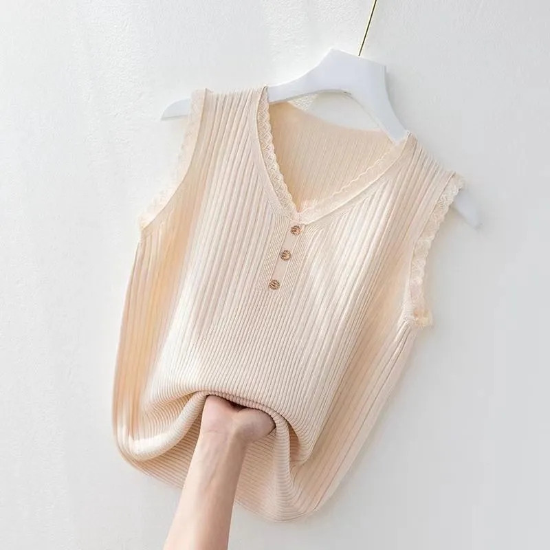 Suvine naiste vest 2023, uus Korea nööbiga pits V-kaelusega jääkootud allääred Naiste varrukateta vest, naiste trikotaažvest valge