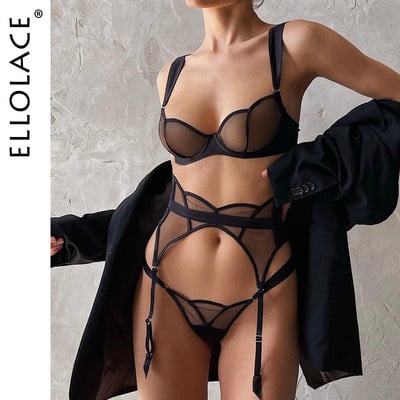 Ellolace Lenjerie sexy Lenjerie de corp pentru femei fără sudură Set sutien din dantelă transparentă Set Push Up Femei 3 piese Jartiere Seturi exotice