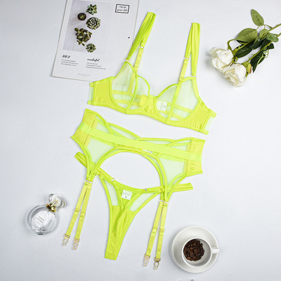 Ellolace Lenjerie sexy Lenjerie de corp pentru femei fără sudură Set sutien din dantelă transparentă Set Push Up Femei 3 piese Jartiere Seturi exotice