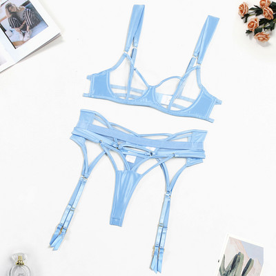 Ellolace Lenjerie sexy Lenjerie de corp pentru femei fără sudură Set sutien din dantelă transparentă Set Push Up Femei 3 piese Jartiere Seturi exotice