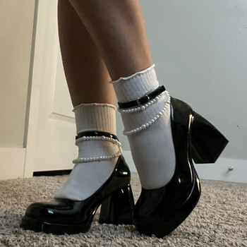 Винтидж обувки на високи токчета Mary Jane за жени 2023 г. Лачени обувки на платформа Дамски обувки с перли и верига Дамски обувки с дебел ток