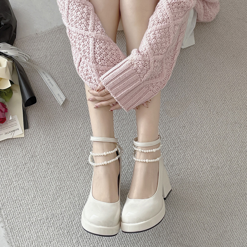 Vintage ψηλοτάκουνα Mary Jane Γυναικεία παπούτσια 2023 λουστρίνι Πλατφόρμα Pumps Γυναικεία μαργαριτάρια αλυσίδα Γυναικεία παπούτσια με χοντρό τακούνι