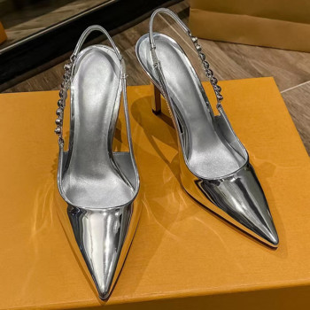 Блестящи високи токчета Slingback Сребърни дамски помпи Метални кристални сандали Обувки с високи токчета с високи токчета Обувки за парти рокля Дамски