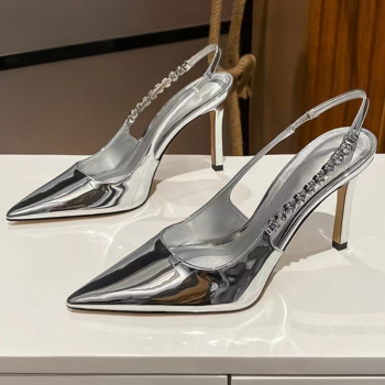 Блестящи високи токчета Slingback Сребърни дамски помпи Метални кристални сандали Обувки с високи токчета с високи токчета Обувки за парти рокля Дамски