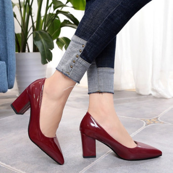 Дамски обувки на висок ток 2023 Обувки с остри плитки уста Дамски модни обувки с дебел ток Плюс размер 43 Zapatos Para Mujer