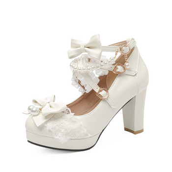 Дамски обувки с кръстосана каишка с високи токчета Mary Jane Pumps Party Wedding Cosplay White Pink Black Strawberry Bow Princess Cosplay Lolita Shoes