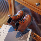 Jesen Zima Dječje Crno-smeđe Klasične čizme na vezanje Mala djeca Brogue Kožne cipele Dječje kratke čizme Djevojčice Dječaci Gležnjače