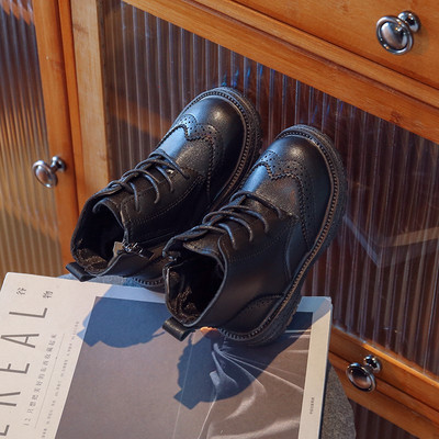 Jesen Zima Dječje Crno-smeđe Klasične čizme na vezanje Mala djeca Brogue Kožne cipele Dječje kratke čizme Djevojčice Dječaci Gležnjače