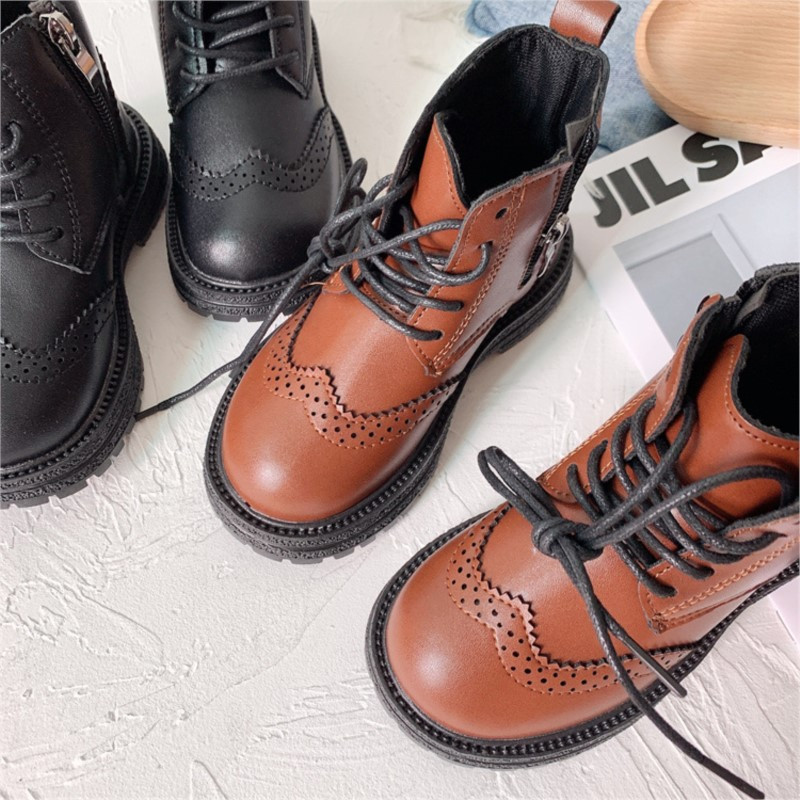 Jesen Zima Dječje Crno-smeđe Klasične čizme na vezanje Mala djeca Brogue Kožne cipele Dječje kratke čizme Djevojčice Dječaci Gležnjače