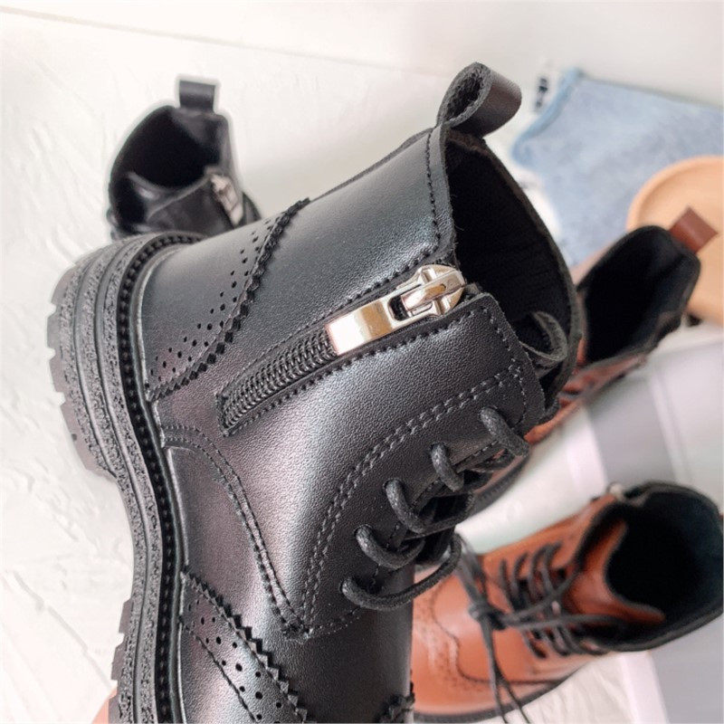 Jesen Zima Dječje Crno-smeđe Klasične čizme na vezanje Mala djeca Brogue Kožne cipele Dječje kratke čizme Djevojčice Dječaci Gležnjače