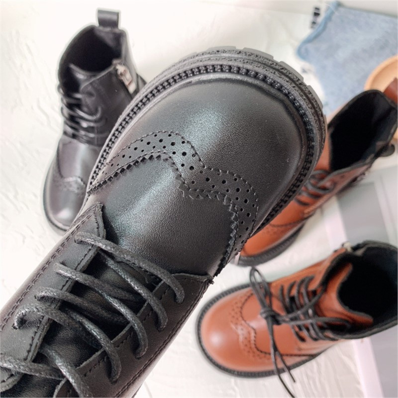 Jesen Zima Dječje Crno-smeđe Klasične čizme na vezanje Mala djeca Brogue Kožne cipele Dječje kratke čizme Djevojčice Dječaci Gležnjače