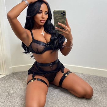 Sexy Bodys Lingerie Woman Mesh Erotic Costumes Екзотично бельо от 3 части Комплект бикини Жартиери Прозрачен комплект сутиен и бикини