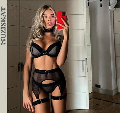 Sexy Bodys Lenjerie Femei Mesh Costume erotice Set de lenjerie exotică 3 piese Chiloți Jartiere Seturi transparente de sutien și chiloți