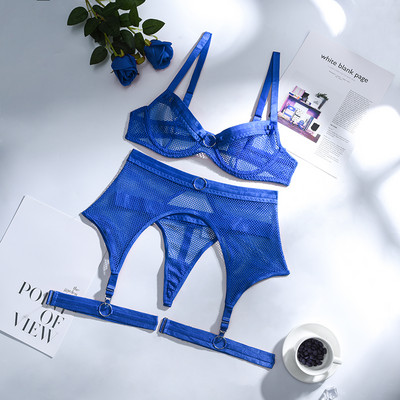 Sexy Bodys Lenjerie Femei Mesh Costume erotice Set de lenjerie exotică 3 piese Chiloți Jartiere Seturi transparente de sutien și chiloți