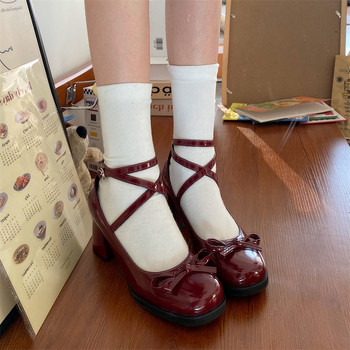Red Mary Jane Дамски помпи Обувки с дебел висок ток Дамски обувки тип Лолита с квадратни пръсти Пролетна мода Парти кожени дамски обувки Нови