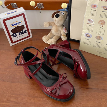 Red Mary Jane Дамски помпи Обувки с дебел висок ток Дамски обувки тип Лолита с квадратни пръсти Пролетна мода Парти кожени дамски обувки Нови