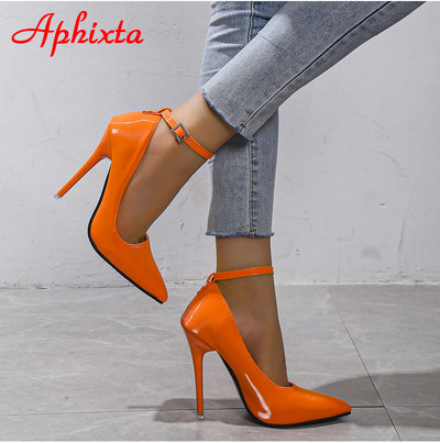 Aphixta Portocaliu Nouă Cristale de lux Cataramă Pimp Super înaltă 12 cm Tocuri Stiletto Pompe Femei Pantofi cu vârf ascuțit Pompe de petrecere colorate