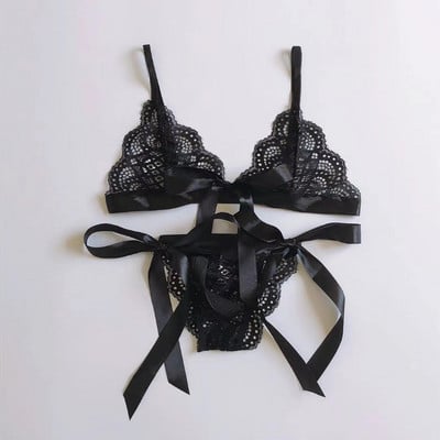 Sexy čipkované rozparované čipkované bikiny módne pásovanie trojbodové mašľové bralette spodná bielizeň dámska súprava priehľadná podprsenka