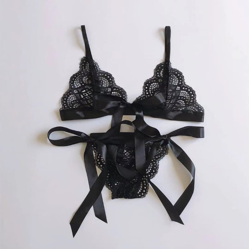 Sexy čipkované rozparované čipkované bikiny módne pásovanie trojbodové mašľové bralette spodná bielizeň dámska súprava priehľadná podprsenka