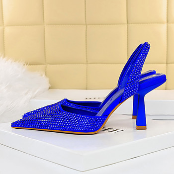 Aphixta Καλοκαιρινά Λεπτά Τακούνια Μυτερά Σανδάλια Γυναικεία λουράκι Αστραγάλου Μπλε σουέτ Κρύσταλλοι πολυτελείας Μοντέρνα Slides Παπούτσια Plus Size 43